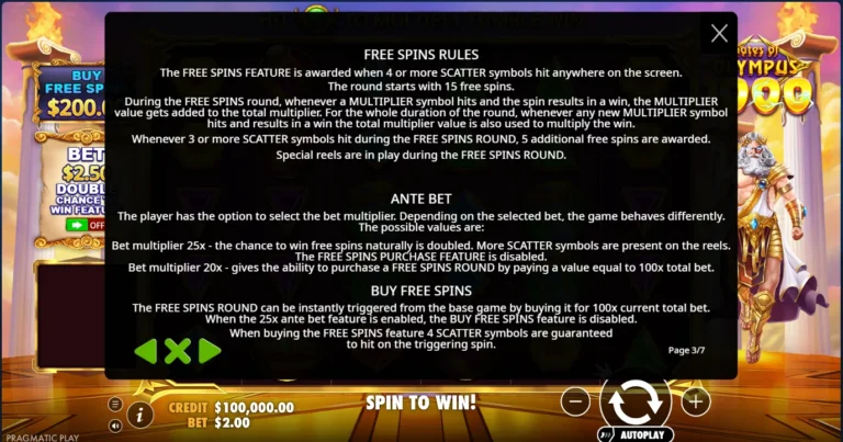 Gates of Olympus 1000 rules screen for Free Spins, Ante Bet, and Buy Free Spins