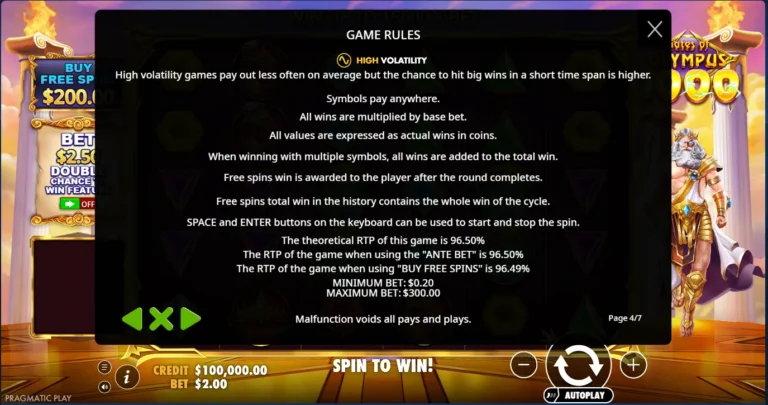 Gates of Olympus 1000 rules page showing high volatility, 96.50% RTP, and bet limits
