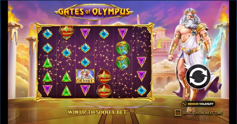 Gates of Olympus intro screen featuring Zeus, cascading symbols, and a start button.