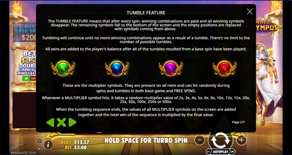 Gates of Olympus rule screen explaining tumble mechanics and multiplier orbs with values up to 500x.