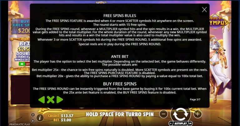 Gates of Olympus rules screen showing information on Free Spins, Ante Bet, and Buy Free Spins.