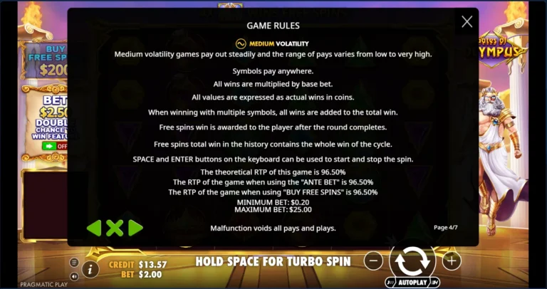 Gates of Olympus game rules menu outlining volatility, RTP information, and bet limits.