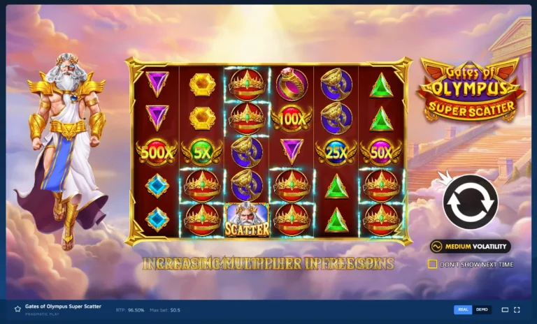 Gates of Olympus Super Scatter intro screen: 6x5 grid with multiplier symbols, Zeus, and feature info.
