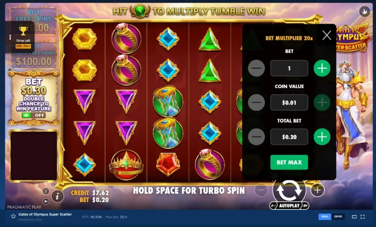 Gates of Olympus Super Scatter: 6x5 slot grid with gem symbols, Zeus, and the bet adjustment panel open.
