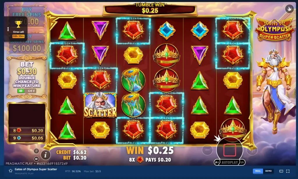 Gates of Olympus Super Scatter gameplay: 6x5 reels with Zeus, glowing gem symbols, tumble win, and bonus buy options.