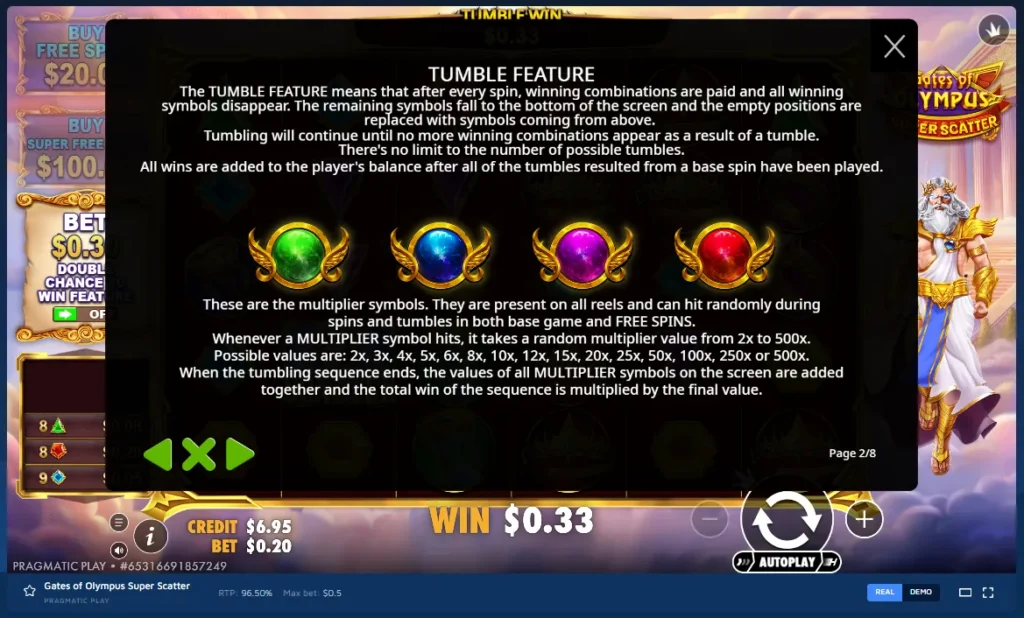 Gates of Olympus Super Scatter rules screen explaining the Tumble Feature and multiplier orb symbols.