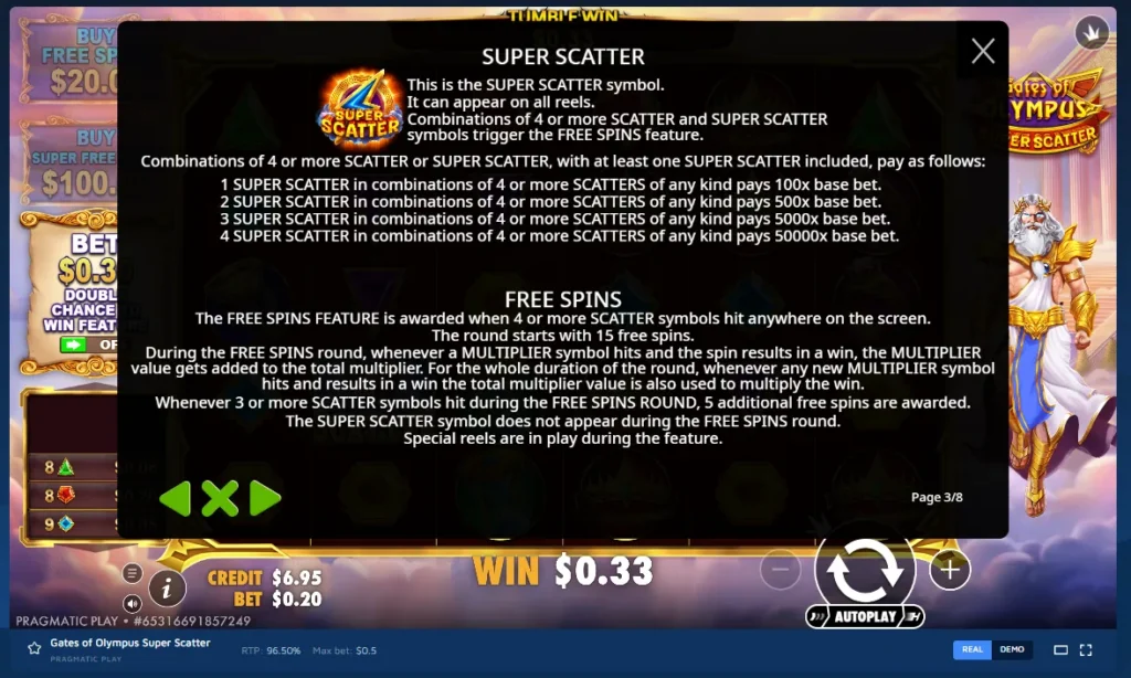Gates of Olympus Super Scatter rules screen explaining Super Scatter symbol payouts and Free Spins feature.
