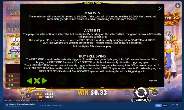 Gates of Olympus Super Scatter rules screen displaying Max Win, Ante Bet details, and Buy Free Spins rules.