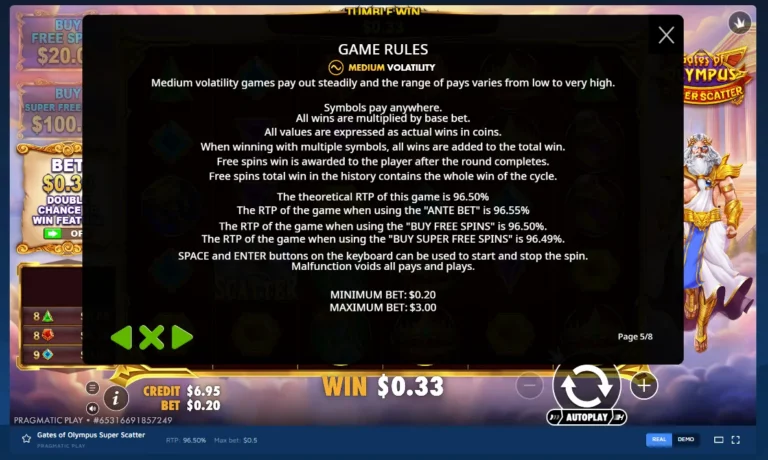 Gates of Olympus Super Scatter rules screen displaying volatility, payout mechanics, RTP details, and bet limits.