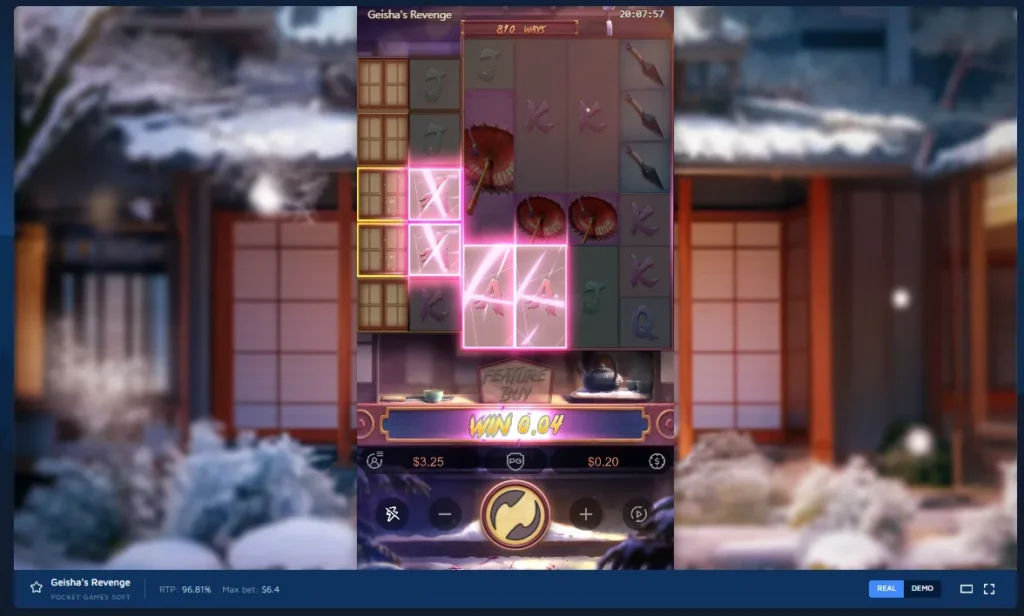 Geisha's Revenge gameplay: vertical slot grid with Japanese symbols, glowing winning combos, and win banner.