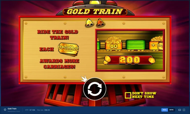 Gold Train intro screen explaining the train bonus with ticket upgrades and carriage awards.