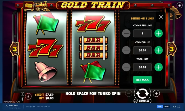 Gold Train gameplay: 3-reel slot with bet adjustment panel displaying coins per line and coin value.