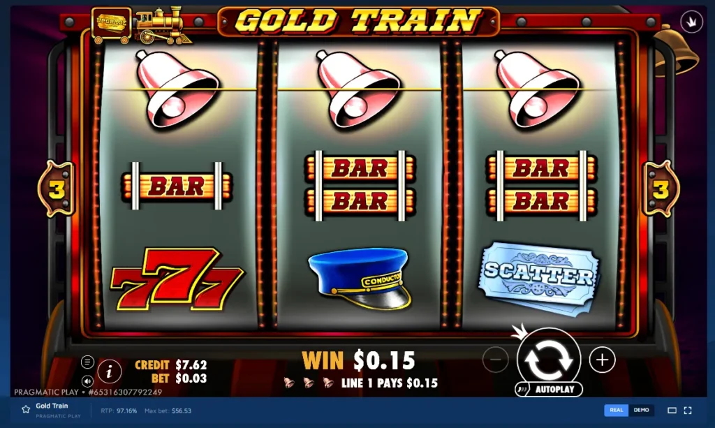 Gold Train gameplay: 3x3 reels showing three bells winning on the top row alongside conductor hat and bar symbols.