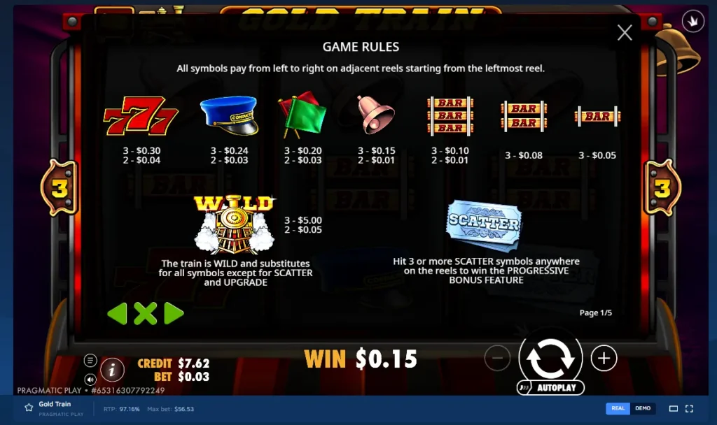 Gold Train paytable screen displaying symbol payout values, Wild train symbol, and Scatter ticket description.