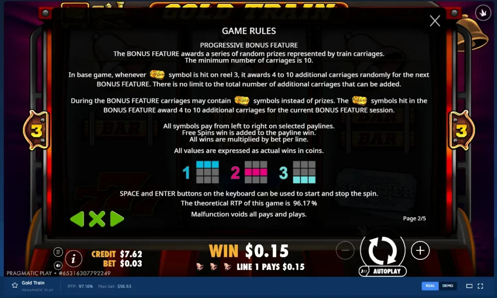 Gold Train rules screen: text detailing the Progressive Bonus Feature, diagrams of 3 paylines, and RTP.