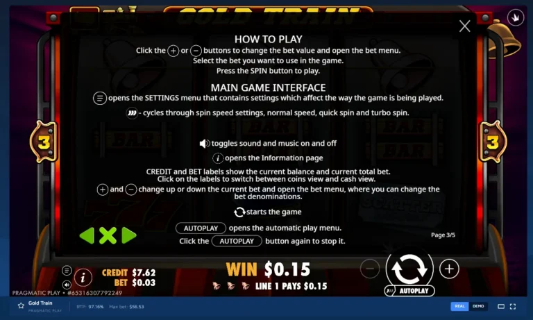 Gold Train rules screen explaining How to Play controls, Main Game Interface buttons, spin, and autoplay settings.