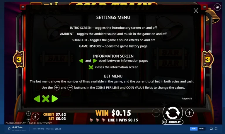 Gold Train rules screen detailing settings menu, navigation icons, and bet menu instructions.