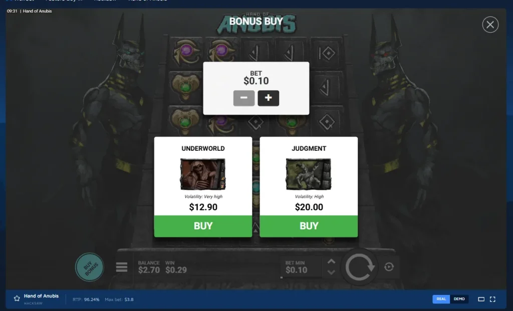 Hand of Anubis bonus buy menu: Underworld and Judgment feature purchase options above the slot grid.