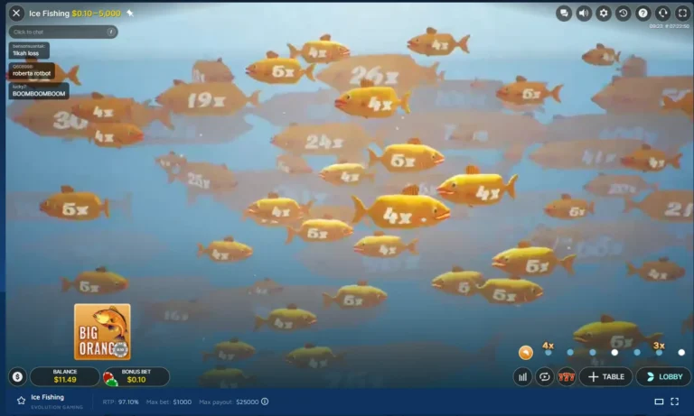 Ice Fishing live casino game featuring swimming multiplier fish and player interface.
