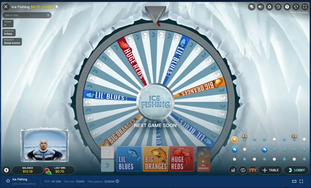 Ice Fishing live wheel interface featuring prize fish segments, betting options, and game details.