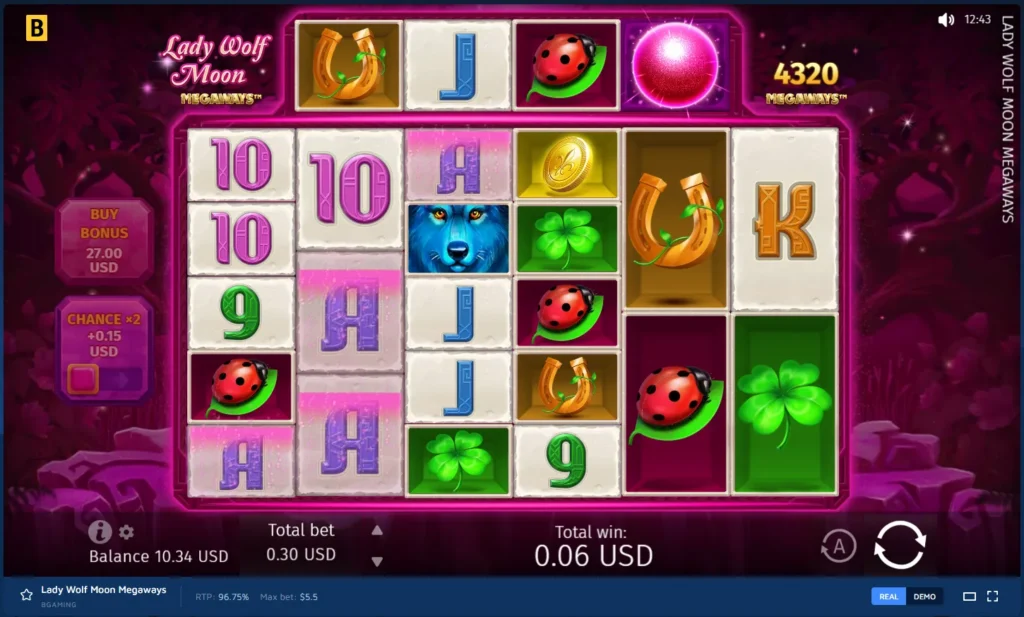 Lady Wolf Moon Megaways gameplay: 6-reel slot grid with extra top reel, lucky charms symbols, and 4,320 Megaways.