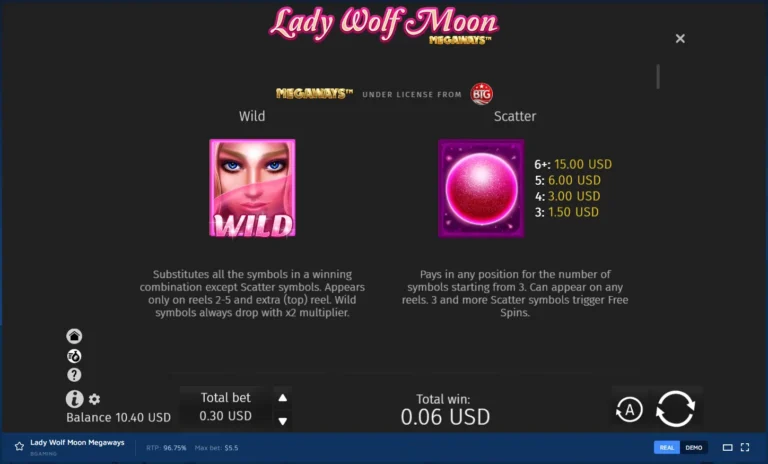 Lady Wolf Moon Megaways paytable: Wild multiplier rules and Scatter symbol payout values.