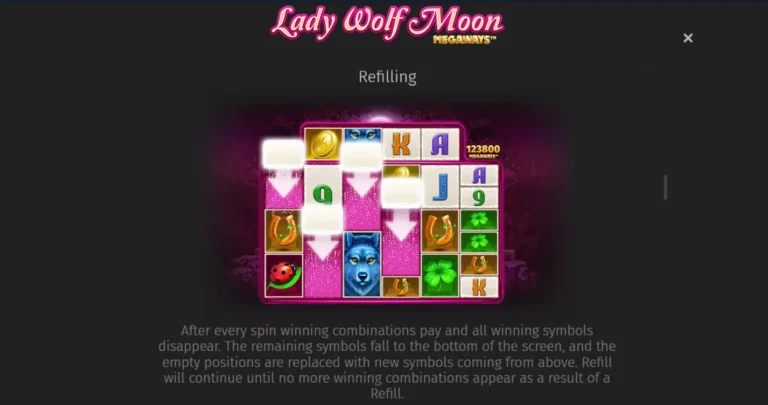 Lady Wolf Moon Megaways rules screen explaining the Refilling feature with an illustrated grid and text