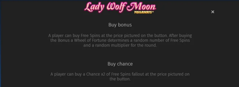 Lady Wolf Moon Megaways info screen explaining Buy bonus and Buy chance feature options.