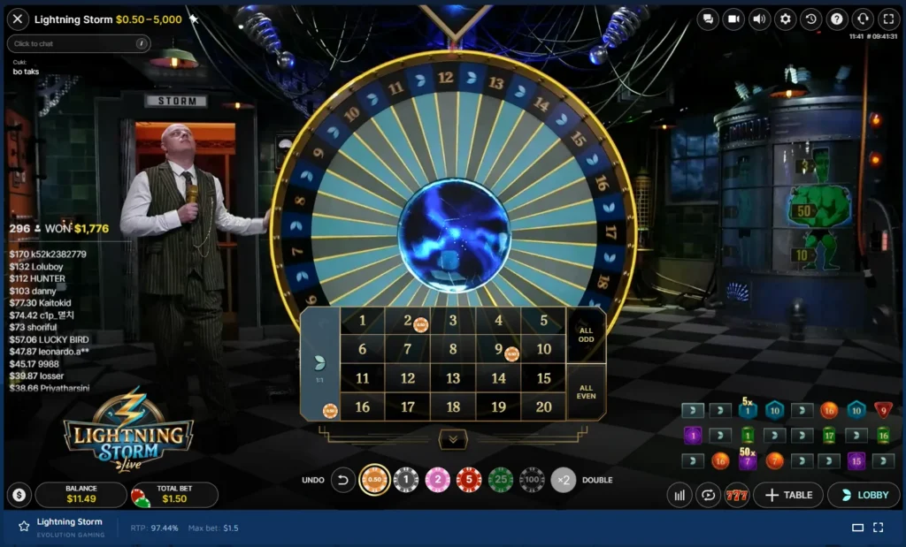 Lightning Storm live game show featuring a giant vertical wheel, betting grid, and live presenter.