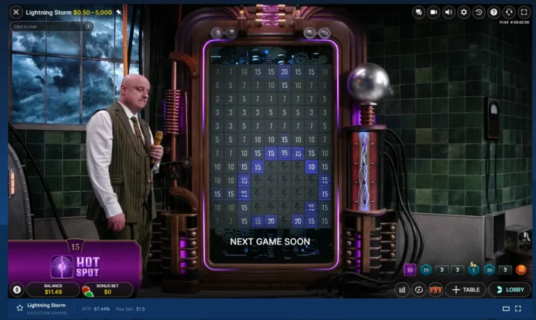 Lightning Storm live game show interface displaying a multiplier grid board and live presenter.