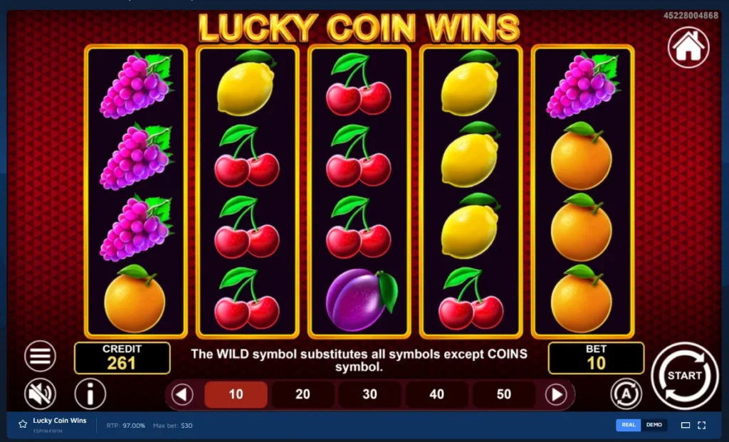 Lucky Coin Wins gameplay: 5x4 grid with fruit symbols, quick bet bar, and spin controls.