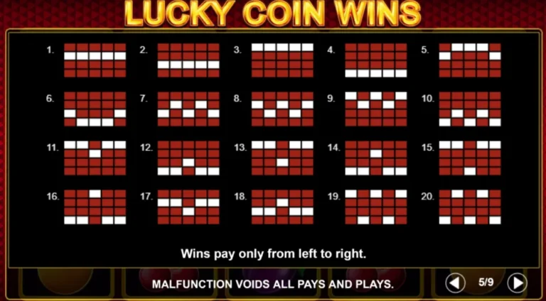 Lucky Coin Wins payline rules: diagram of 20 payline patterns across a 5x3 reel layout.