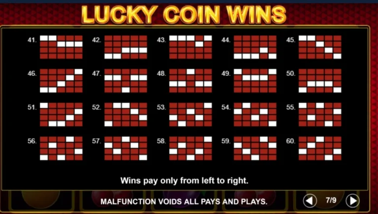 Lucky Coin Wins paytable screen showing payline patterns numbered 41 to 60 on 5x4 grids.