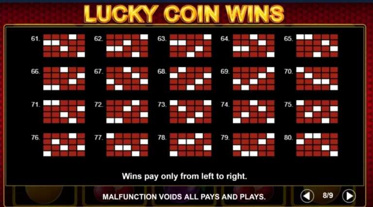 Lucky Coin Wins rules screen: grid diagrams showing paylines 61 to 80 on a dark framed background.