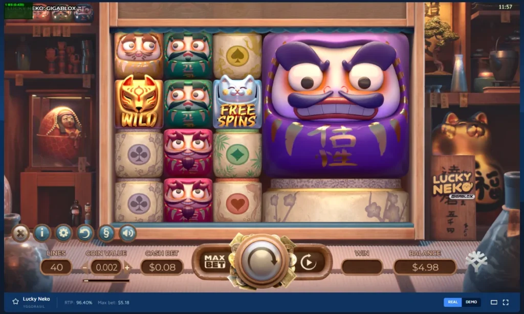 Lucky Neko gameplay: reel grid featuring colorful Daruma dolls, wild fox mask, and a giant 3x3 Gigablox block.