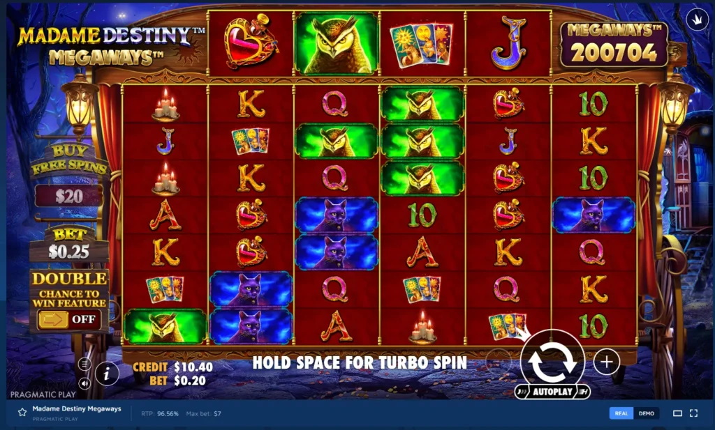 Madame Destiny Megaways gameplay: 6-reel Megaways grid with owls, black cats, and Buy Free Spins option.