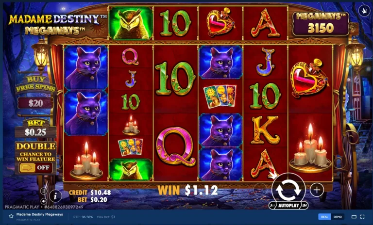 Madame Destiny Megaways gameplay: 6-reel slot with top horizontal reel, fortune teller symbols, and Buy Free Spins option.