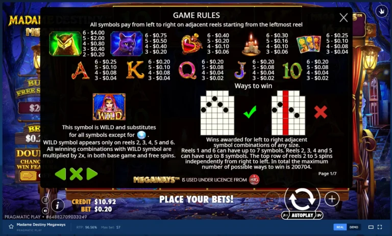 Madame Destiny Megaways rules screen: symbol paytable, wild multiplier rule, and ways-to-win explanation.