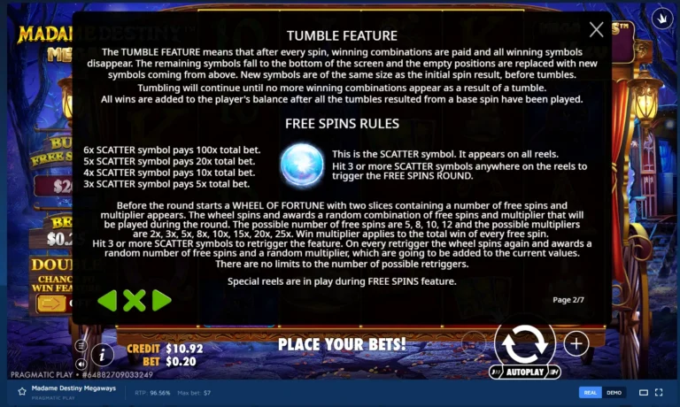 Madame Destiny Megaways rules screen detailing Tumble Feature and Free Spins rules with Scatter symbol payouts.