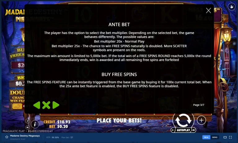 Madame Destiny Megaways rules screen explaining the Ante Bet and Buy Free Spins features.