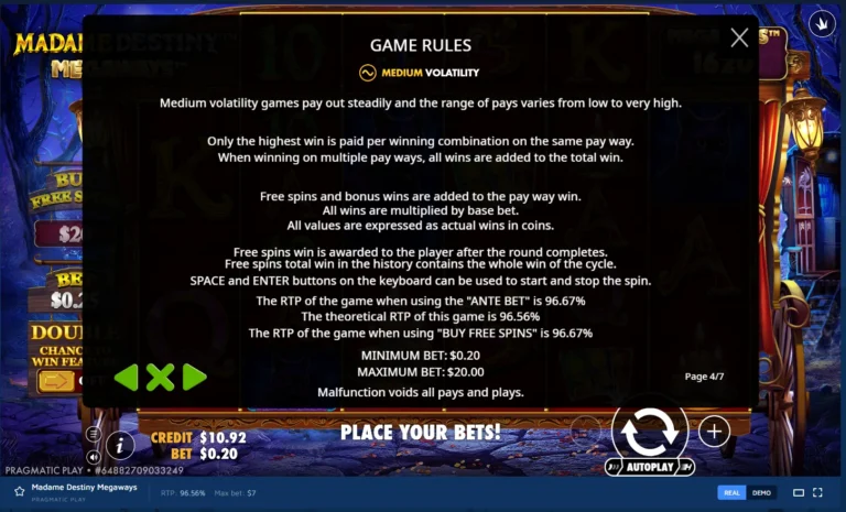 Madame Destiny Megaways rules screen: medium volatility info, payout rules, RTP values, and bet limits.