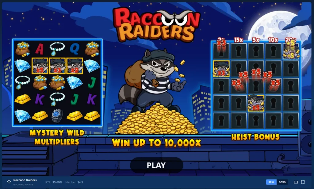 Raccoon Raiders intro screen featuring bonus previews and a central Play button against a nighttime city backdrop.
