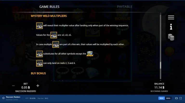 Raccoon Raiders game rules screen explaining Mystery Wild Multipliers.