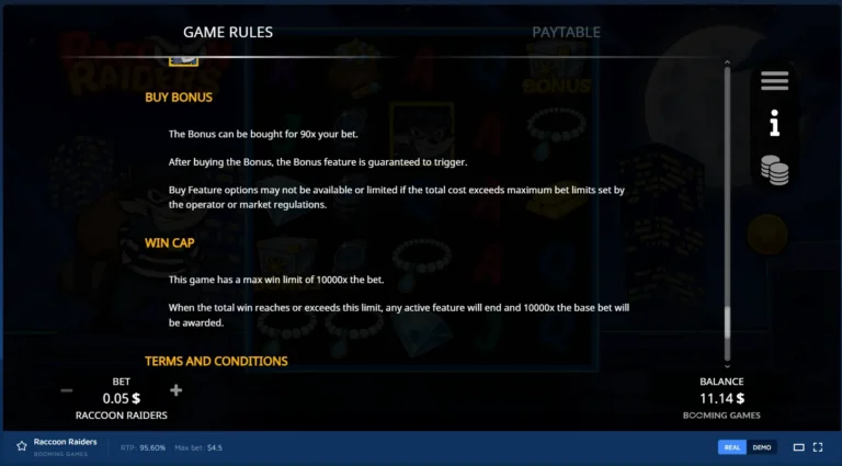Raccoon Raiders game rules screen detailing Buy Bonus and Win Cap terms.