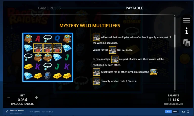Raccoon Raiders paytable screen outlining rules and values for Mystery Wild Multipliers.