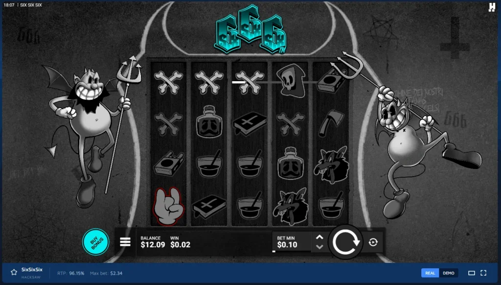 SixSixSix slot base game screen with vintage cartoon devils flanking the reels.