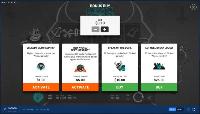 SixSixSix bonus buy screen displaying four purchase options with pricing and volatility details.