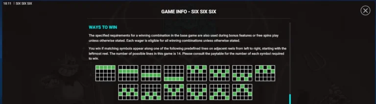 SixSixSix game info screen detailing ways to win and showing 14 payline pattern grid diagrams.