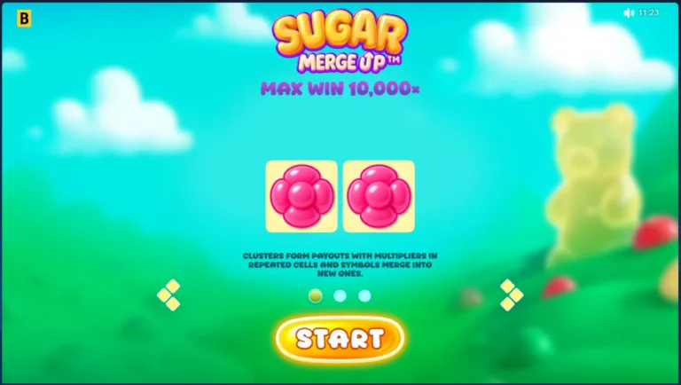 Sugar Merge Up intro screen showing max win of 10,000x and cluster merge mechanics