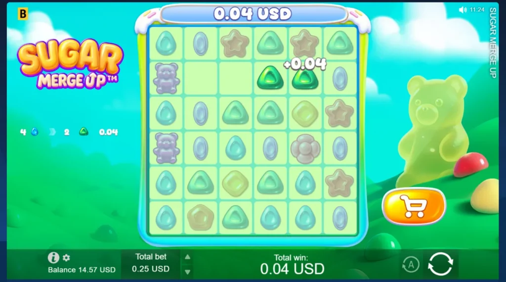 Sugar Merge Up base gameplay screen showing candy symbols on a 6x6 grid.